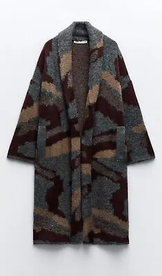 ZARA Women's Oversized Jacquard Long Knit Coat(Multicolor US S ML/EUR S ML) • $119.99