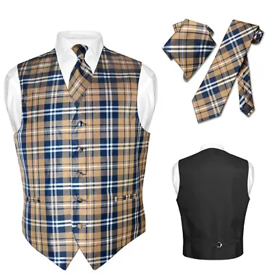 Men's Plaid Design Dress Vest NeckTie Navy BROWN White Neck Tie Hanky Suit Tux • $24.95