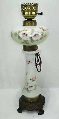 Vintage 3 Teir Milk White Glass Hurricane Lamp With Floral Accents • $74.72