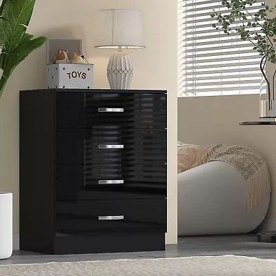 High Gloss Black Chest Of 4 Drawers Black Bedroom Furniture Storage Cabinet • £46.99