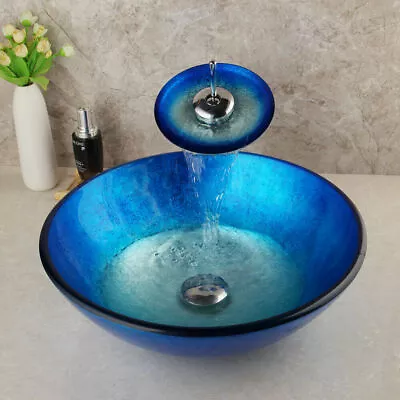 US Blue Bathroom Glass Basin Bowl Vessel Sink Mixer Faucet Tap Waste Drain Set • $125