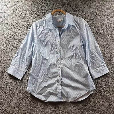 W LANE Womens Top Szie 8 Blue White Spot Stretch 3/4 Sleeve Collared Button-Up • $19.95