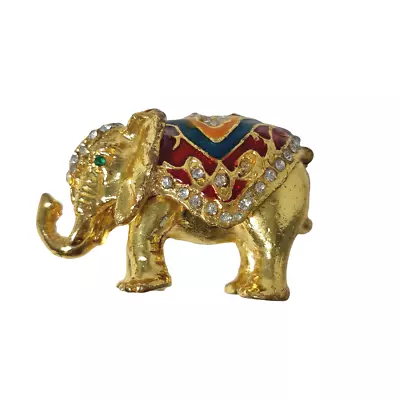 Jeweled Elephant Hinged Ring Jewelry Holder Trinket Box Trunk Up Goldtone 1 Inch • $14.95