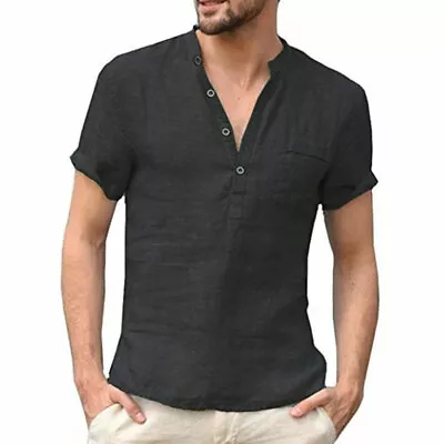 Men's Casual Blouse Cotton Linen Shirt Short Sleeve Summer Button-Down Shirts @ • $13.82