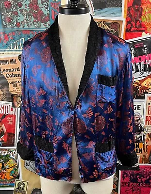 60s-70s Men's Vintage Asian Novelty Shawl Collar Brocade Smoking Jacket Robe S/M • $38