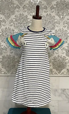 Mini Boden Sz. 8-9Y Flutter Sleeve Jersey Dress Striped Unicorn Appliqué Girls • $20