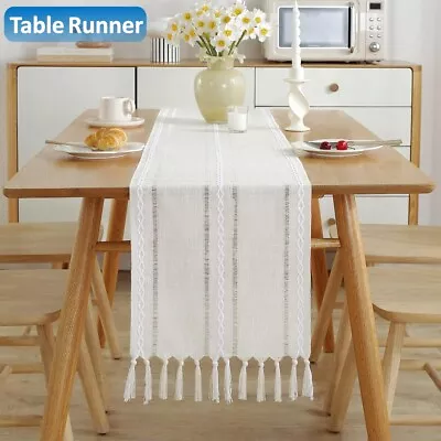 Rustic Linen Table Runner Home Dining Wedding Rectangle Table Decor With Tassels • £9.59