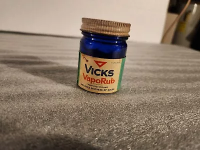 Vintage Vicks Vaporub Cobalt Blue Glass Jar With Red White Lid 1.5 Oz. • $12