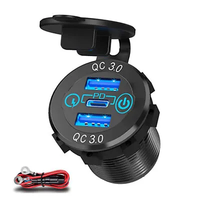 Dual QC 3.0 USB + PD Type-C Fast Car Charger Socket Adapter Power Outlet 12V 24V • £8.99
