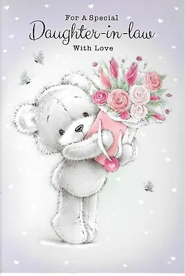 Daughter In Law Birthday Greeting Card 7 X5  Cute Bear With Flowers • £1.99