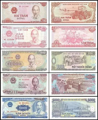 SET OF 5  VIETNAM UNCIRCULATED BANKNOTES  200 500 1000 2000 5000 Dong UNC • $8.45