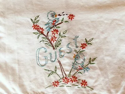 VTG 1940s  Linen Guest Towel Cute Hand Embroidered Blue Birds • $15