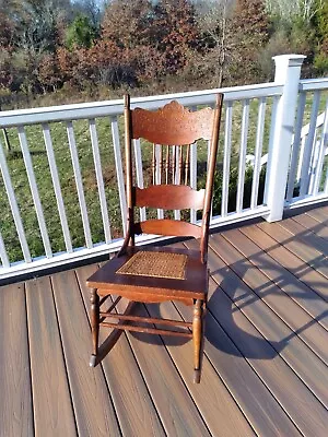 Will Not Ship- Antique Carved Oak Pressed Back Cane Seat Rocking Chair -PU In NJ • $29.99