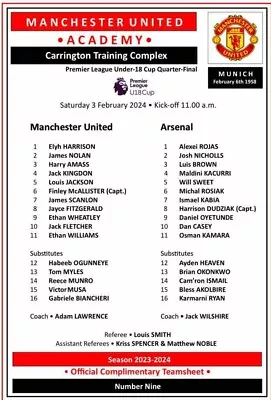 Man Utd U18 V Arsenal FC U18 Team Sheet (Season 2023-2024) • £3.99