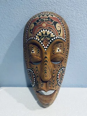 Vintage Hand Carved Indonesian African Tribal Wooden Mask Mother Of Pearl Inlay • $47.91