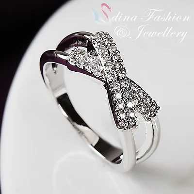 $21.99 • Buy 18K White Gold Plated Simulated Diamond Studded Exquisite Crossover Band Ring