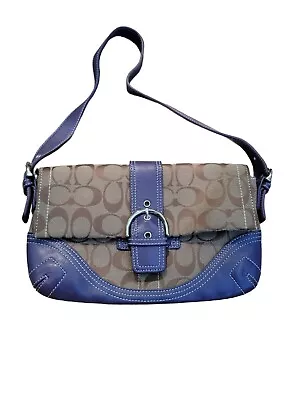 Coach Signature Hampton Purple Jacquard Pattern Brown Leather Trim Flap Hobo • £72.39