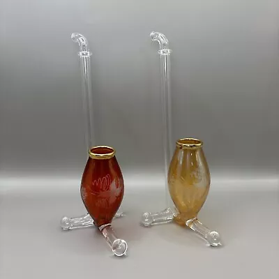 Czech Bohemian Moser? Blown Etched Glass Port Wine Sippers (2) Cranberry / Amber • $119