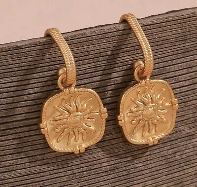 New Women Gold Plated  Stainless Steel Square Sun Moon Star Dangle Earrings • $16.99
