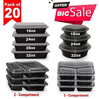 20 X Meal Prep Food Containers Lids Microwave Freezer Safe Plastic Storage Boxes • £9.99