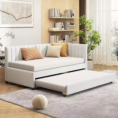 Modern Linen Fabric Upholstered Twin Size Daybed Sofa Bed Frame W/ Trundle Beige • $427.99