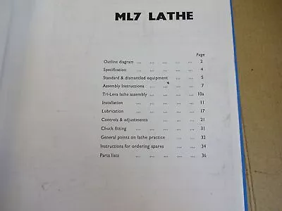 Myford ML7 Lathe Operation And Parts List • £6