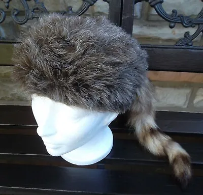 Coonskin Cap Davey Crockett Real Fur Tail Raccoon Hat Brown Coon Daniel Boone • $19.99