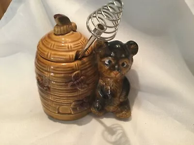 Vintage  Honey Pot Jar With Dipper Teddy Bear & BeeHive Ceramic • $14