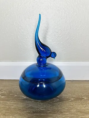 Vtg  Glass Viking Long Tail Bird Candy Dish Persimmon Blue Mid Century Modern • $120