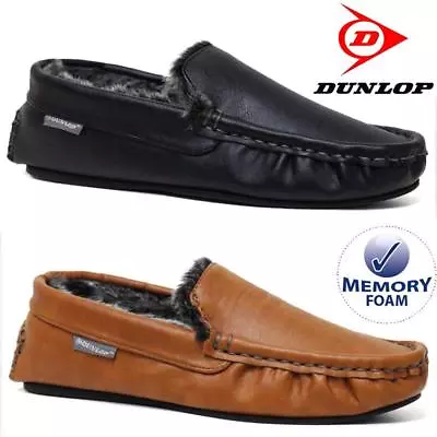 Mens Moccasins Slippers Faux Leather Loafers Dunlop Memory Foam Winter Fur Shoes • £16.95