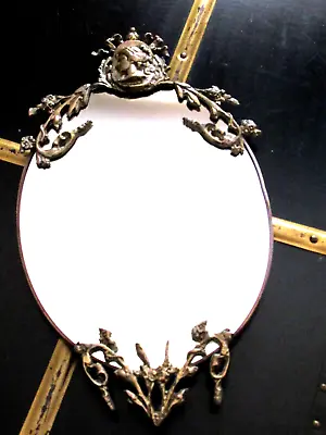Vintage Brass Oval Mirror Wall Or Dresser Brass Cameo & Floral Vine Metal Frame • $98.75