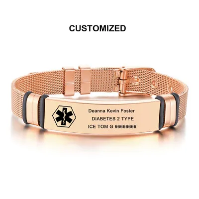Personalised Women Rose Gold Medical Alert ID Bracelet Engrave Watchband Bangle • £8.63