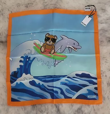 NWT MOSCHINO 100% SILK SCARF BEAR SURFING WITH DOLFIN MADE IN ITALY Multi • $52.95