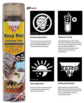 ZERO IN Wasp Nest Killer Foam Indoor And Outdoor Treatment For Wasps Nest ZER904 • £11.95