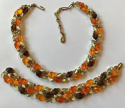 Vintage Lisner Signed Orange & Tan Molded Leaf & Rhinestone Necklace & Bracelet • $179