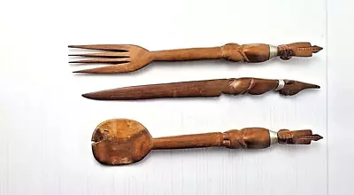 Vintage African Hand Carved Wooden Teak Utensils Fork Spoon Knife Salad Servers  • $25.95