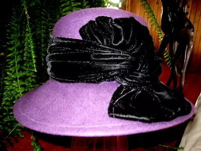 CAPPELLI Hat Wool Felt PURPLE Black Velvet Band Bow Church Wide Brim USA VINTAGE • $30