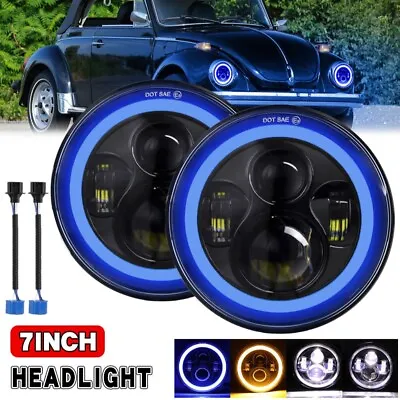 Pair 7  Inch Round LED Headlights Hi/Lo Beam Blue Halo DRL For 1950-79 VW Beetle • $36.99
