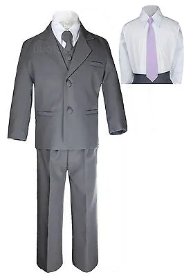 $65.99 • Buy 6pc Baby Toddler Kid Boy Dark Gray Formal Wedding Party Suit Tuxedo Necktie S-7