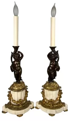 Antique French Louis XVI Putti Figural Bronze Marble Ormolu Candlesticks Lamps • $575