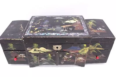 Vtg MUSICAL JEWELLERY BOX W/ Japanese Painted Design & Paua Shell 34cm - CB1 • £9.99