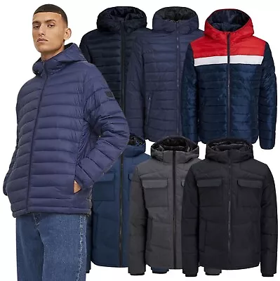 Mens Puffer Jacket Jack & Jones Hooded Long Sleeve Detachable Hood Full Zip Coat • £32.99