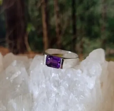2Ct Emerald Cut Lab Created Amethyst Mens Band Ring 14K White Gold Plated Silver • $94.49