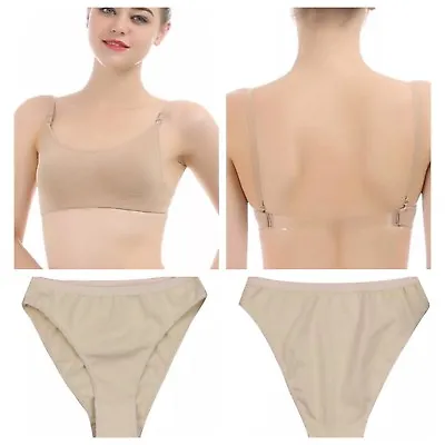 Nude Dance Underwear.Backless Bra Flesh/Clear Straps.Skin Colour Pants Knickers. • £5.99