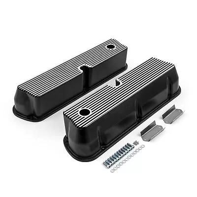 Ford SB 289 302 351 Windsor Black Aluminum Ribbed Valve Covers Tall W/Hole • $96.74