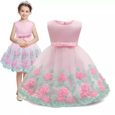 Babys Girls Flower Dress Up Pink Bow Birthday Party Wedding Bridesmaid Clothing • £14.41