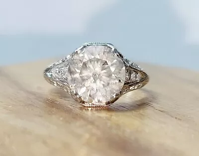 3.27ct.Platinum Vintage Filigree Engagement Ring Natural Gray Round Cut Diamond  • $5950