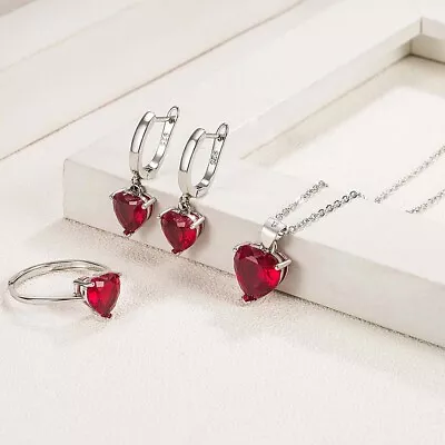 925 Sterling Silver Jewelry Set Women Heart Crystal Necklace Earring Ring Gift • $8.99