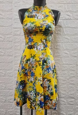 Karen Millen Cotton Blend Yellow Floral Midi Ladies Dress UK Size 6 CG L16 • £8.50