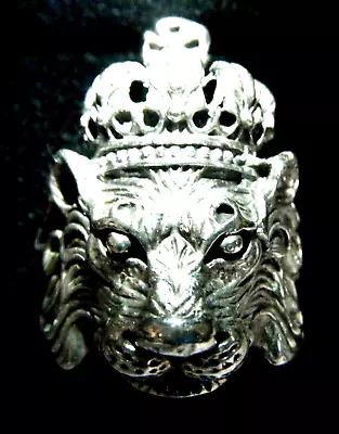 Big Chunky Vintage Royal Crown Carved Lion Head Sterling Silver 925 Size 9 Ring • $277.50